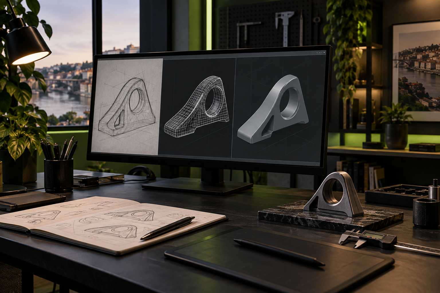 Processo de design desde um esboço até ao modelo 3D e objeto final
