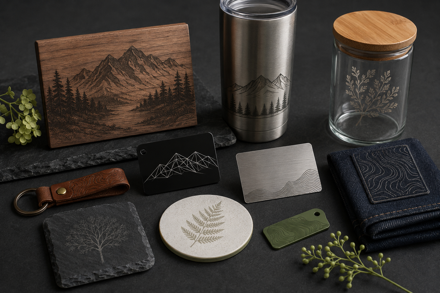 Conjunto de objetos personalizados a laser em madeira, metal, vidro, couro, ardósia, cerâmica e ganga