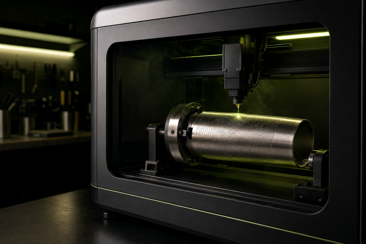 Gravação laser rotativa de um copo metálico numa máquina fechada