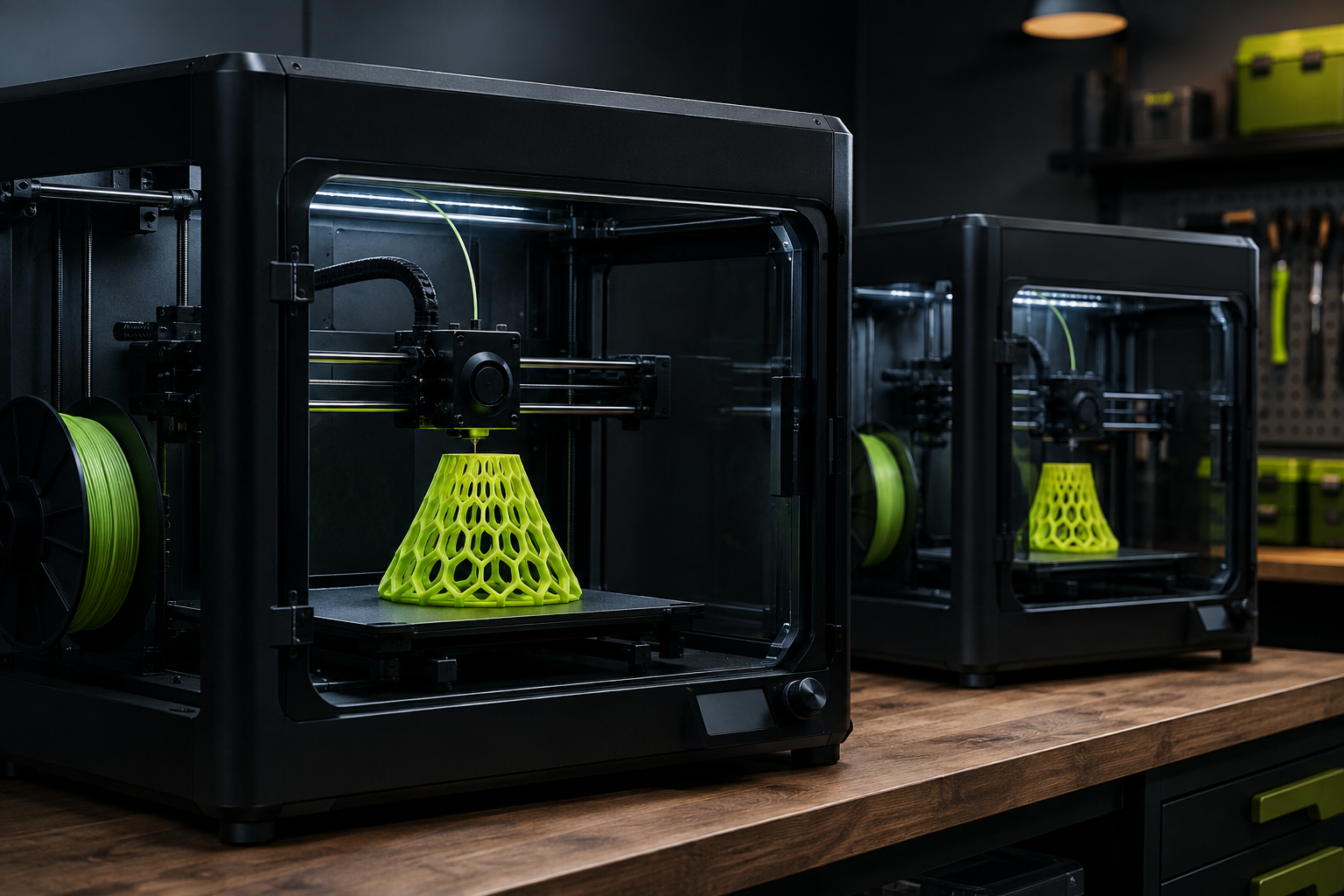 Oficina de impressão 3D com máquinas a produzir peças em filamento verde