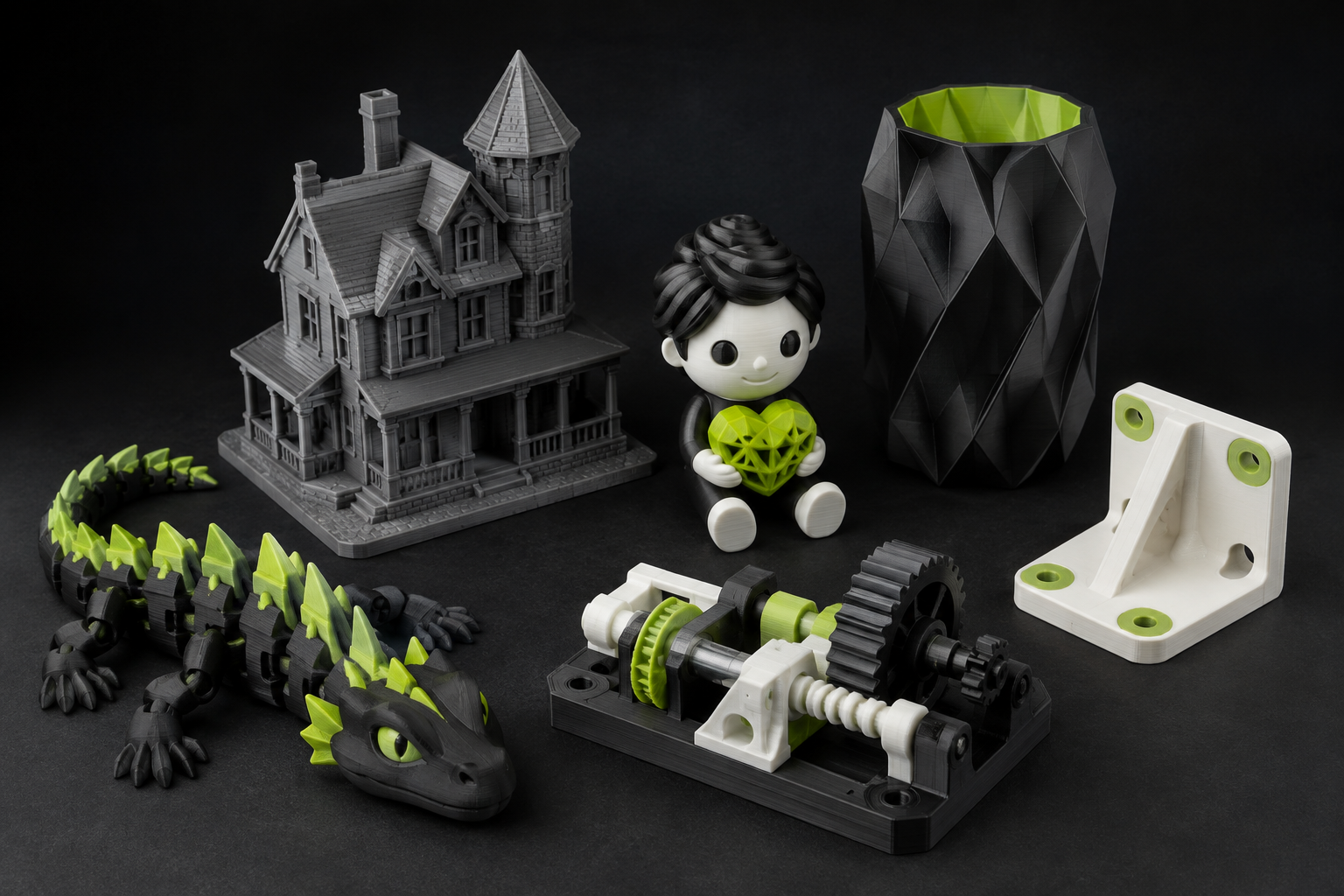 Coleção de brinquedos, miniaturas, decoração e peças funcionais impressas em 3D