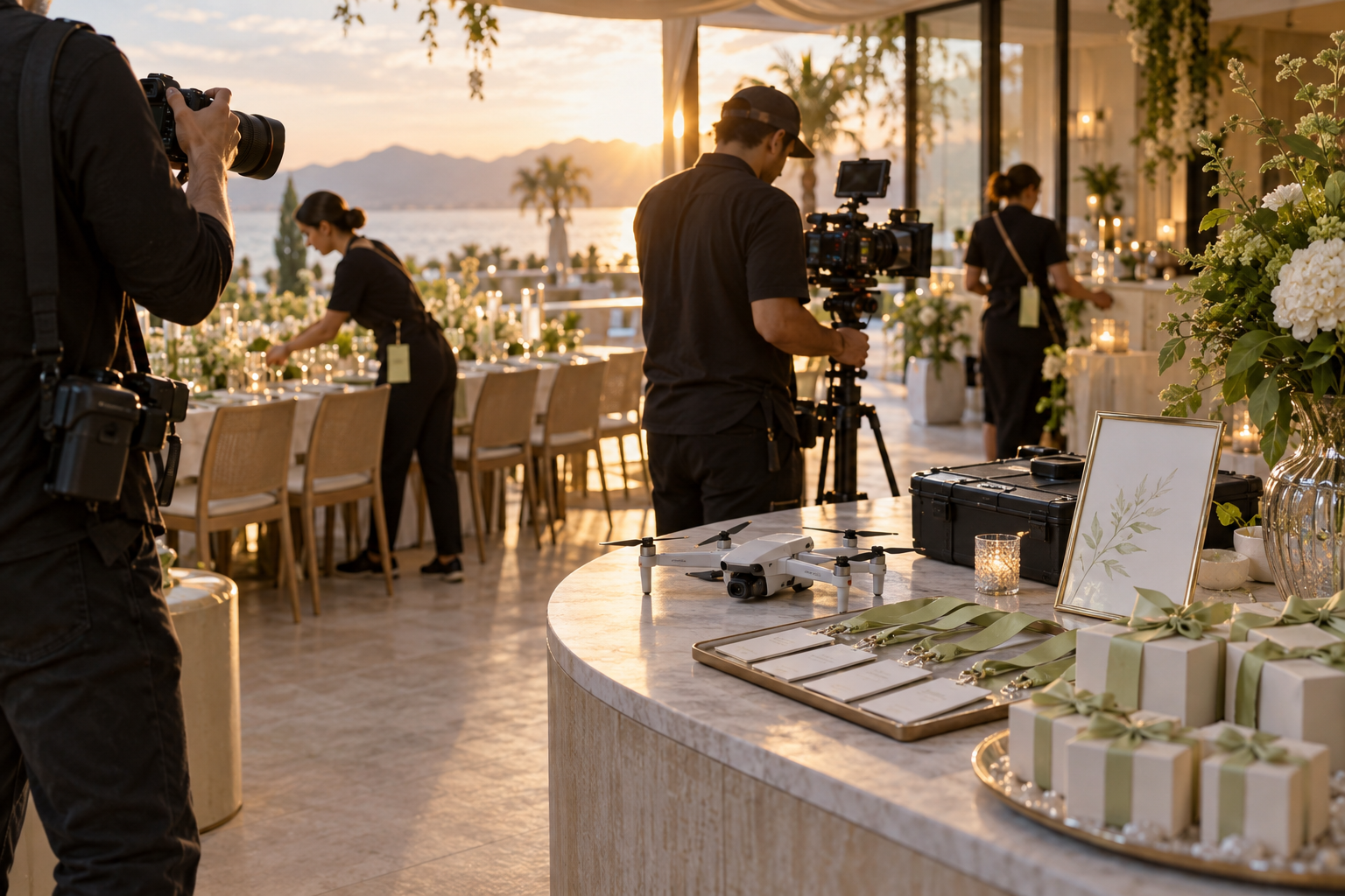 Equipa de fotografia e vídeo a preparar a cobertura de um evento especial